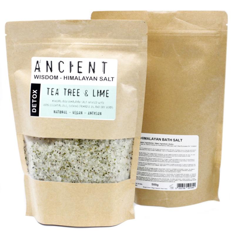 Två påsar med Himalayasalt för bad, tea tree och lime.