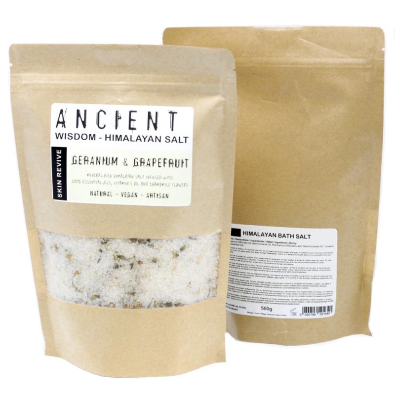Två förpackningar med Himalaya-badsalt, Geranium & Grapefruit.